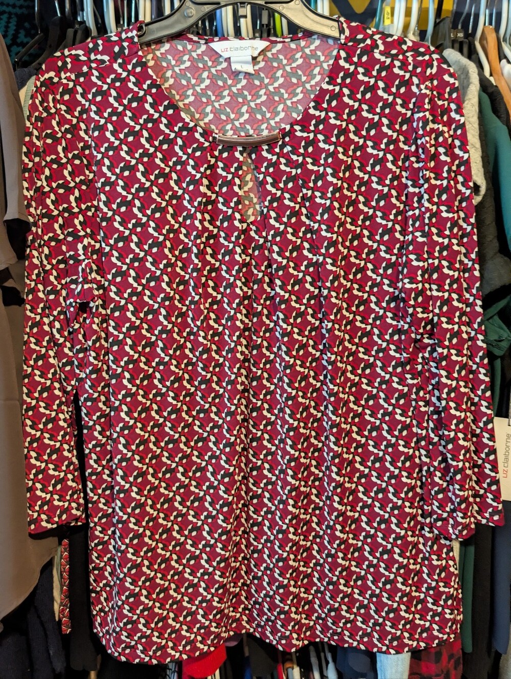 Liz Claiborne Red and White Patterned Long-Sleeve Tunic